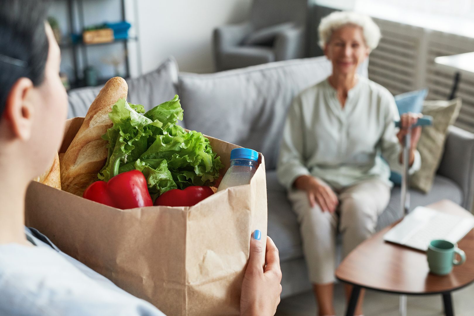 Pflegekraft bringt ältere Frau auf dem Sofa eine Papiertüte mit frischem Gemüse und Brot